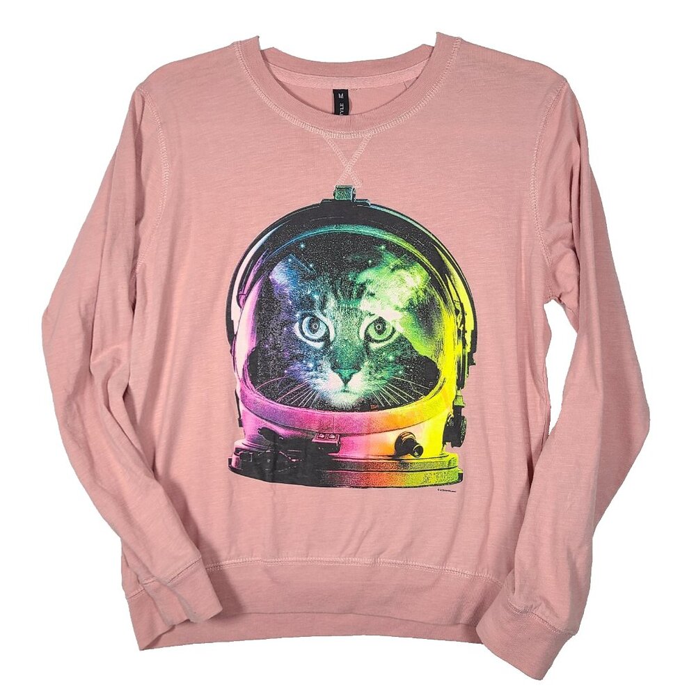 Space Cat Knit Top size Medium M Pink Helmet Rainbow Long Sleeve Miami Style
